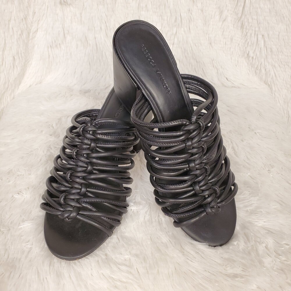 Rebecca Minkoff Calanthe Strappy Leather Heeled Mules Sandals Black Size 9.5